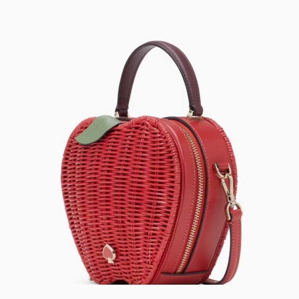 🍎🔹️Kate Spade Honeycrisp Red Apple Wicker Basket Crossbody Handbag Novelty - Picture 5 of 8